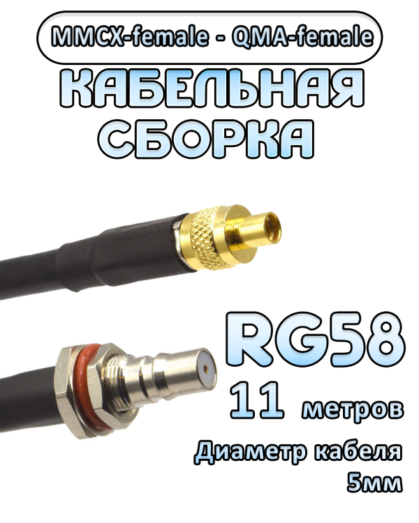 Кабельная сборка 50 Ом на RG-58 с разъемами MMCX-female - QMA-female, 11 метров