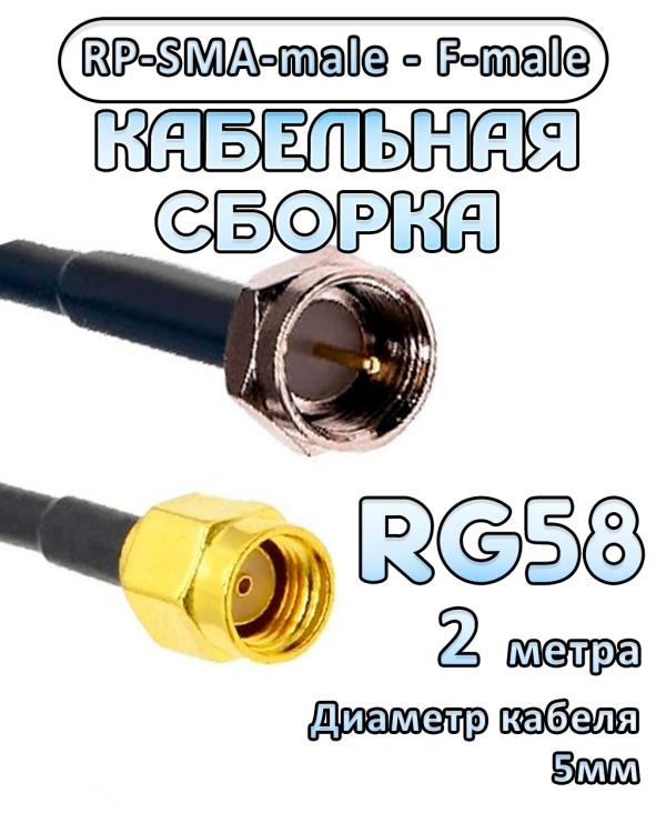 Кабельная сборка 50 Ом на RG-58 с разъемами RP-SMA-male - F-male, 2 метра