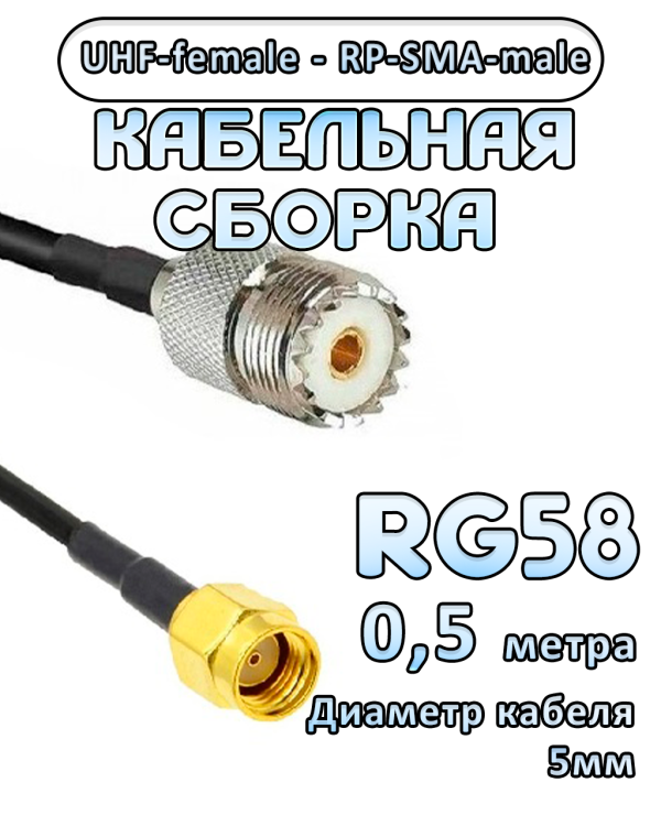 Кабельная сборка 50 Ом на RG-58 с разъемами RP-SMA-male - UHF-female, 0,5 метра