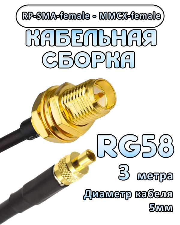 Кабельная сборка 50 Ом на RG-58 с разъемами RP-SMA-female - MMCX-female, 3 метра
