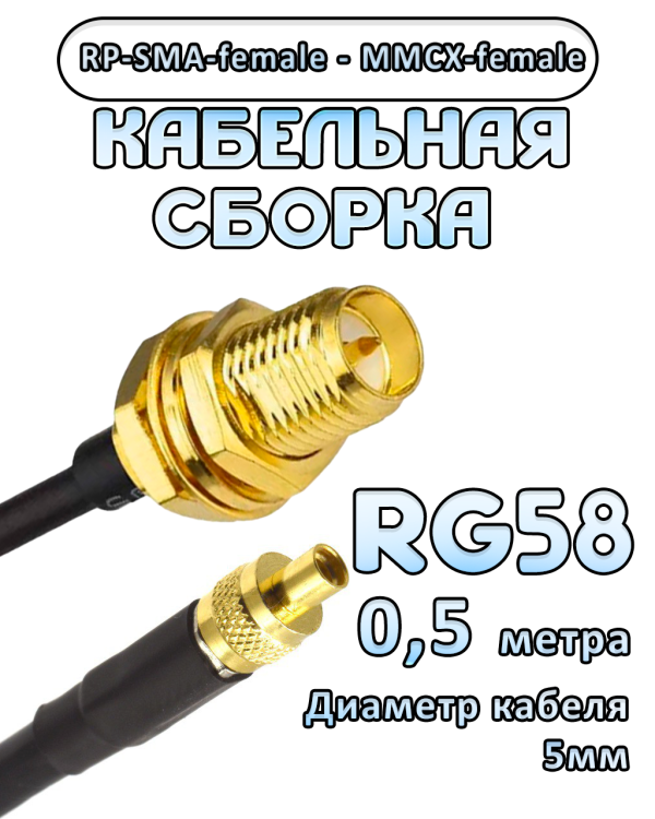 Кабельная сборка 50 Ом на RG-58 с разъемами RP-SMA-female - MMCX-female, 0,5 метра