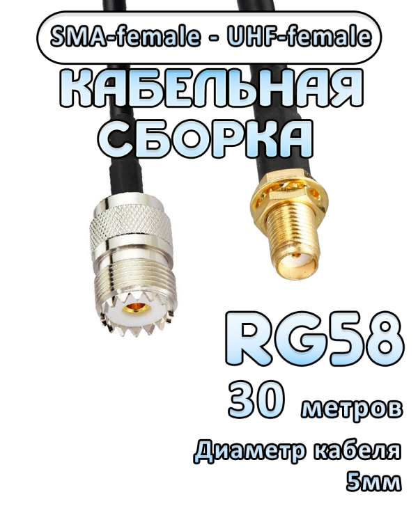 Кабельная сборка 50 Ом на RG-58 с разъемами SMA-female - UHF-female, 30 метров