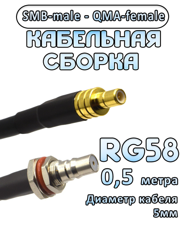 Кабельная сборка 50 Ом на RG-58 с разъемами SMB-male - QMA-female, 0,5 метра