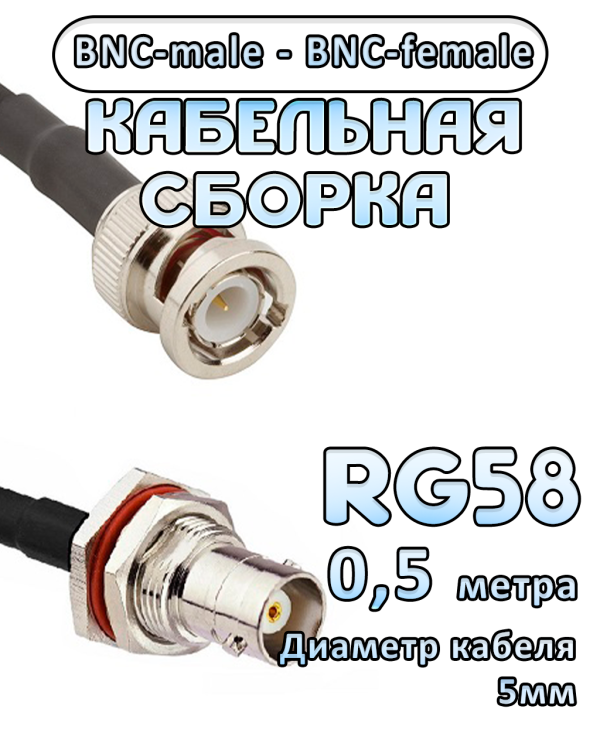 Кабельная сборка 50 Ом на RG-58 с разъемами BNC-male - BNC-female, 0,5 метра