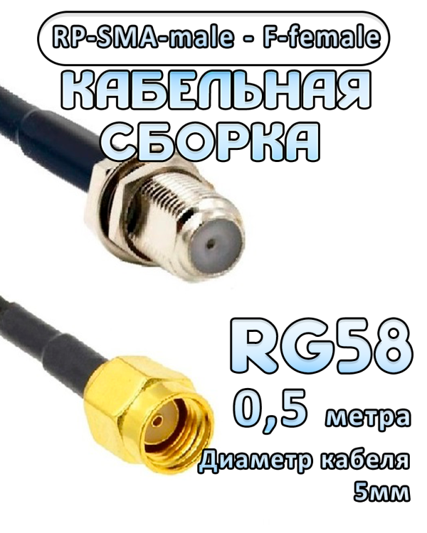 Кабельная сборка 50 Ом на RG-58 с разъемами RP-SMA-male - F-female, 0,5 метра