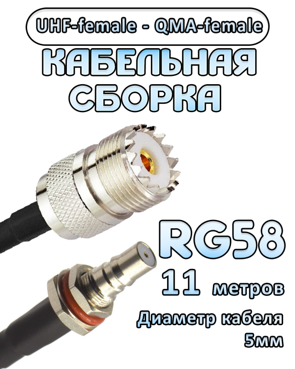 Кабельная сборка 50 Ом на RG-58 с разъемами UHF-female - QMA-female, 11 метров