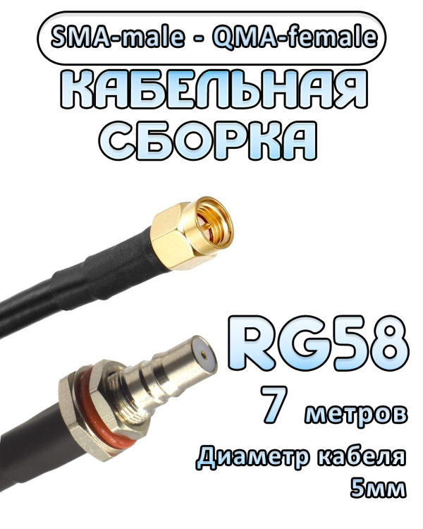 Кабельная сборка 50 Ом на RG-58 с разъемами SMA-male - QMA-female, 7 метров