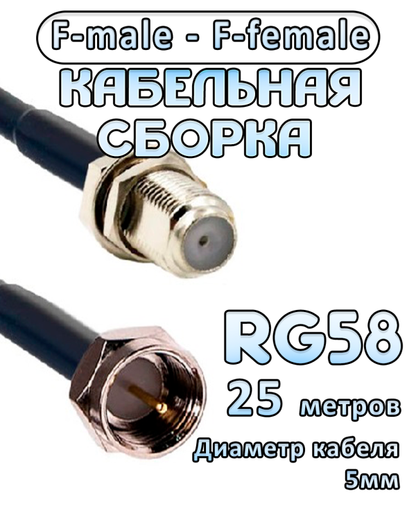 Кабельная сборка 50 Ом на RG-58 с разъемами F-female - F-male, 25 метров
