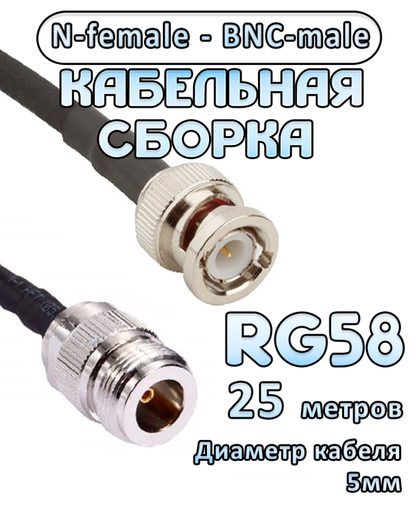 Кабельная сборка 50 Ом на RG-58 с разъемами N-female - BNC-male, 25 метров
