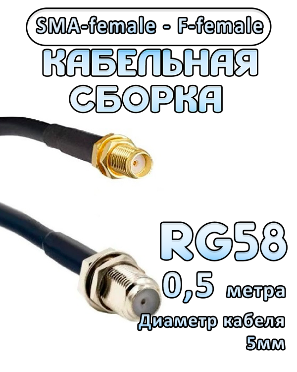 Кабельная сборка 50 Ом на RG-58 с разъемами SMA-female - F-female, 0,5 метра