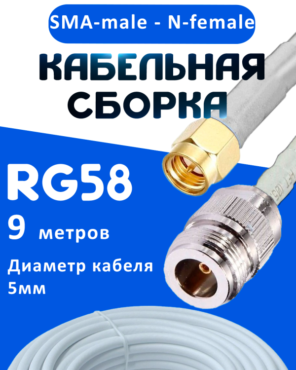 Кабельная сборка 50 Ом на RG-58 белого цвета с разъемами SMA-male - N-female, 9 метров