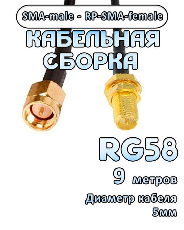 Кабельная сборка 50 Ом на RG-58 с разъемами RP-SMA-female - SMA-male, 9 метров