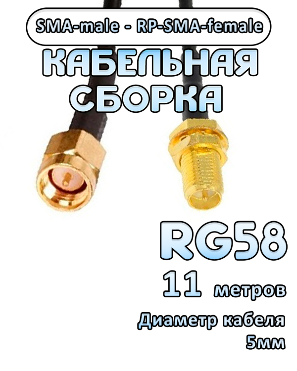 Кабельная сборка 50 Ом на RG-58 с разъемами RP-SMA-female - SMA-male, 11 метров