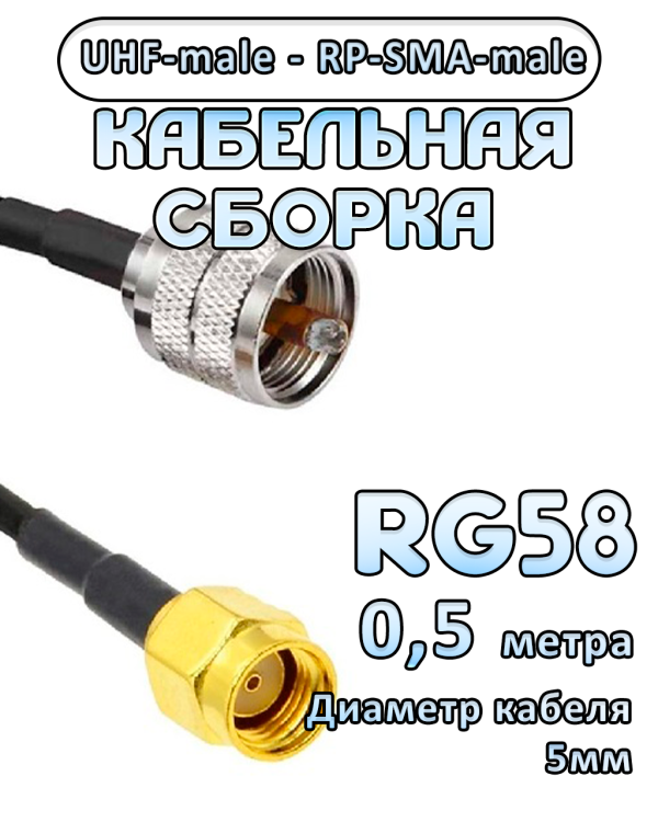 Кабельная сборка 50 Ом на RG-58 с разъемами UHF-male - RP-SMA-male, 0,5 метра