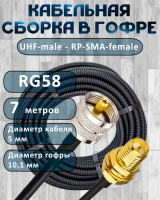 Кабельная сборка на RG-58 в гофре с разъемами UHF-male - RP-SMA-female, 7 метров