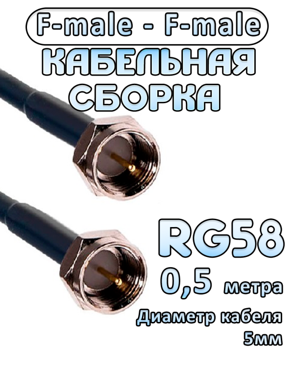 Кабельная сборка 50 Ом на RG-58 с разъемами F-male - F-male, 0,5 метра
