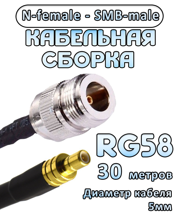 Кабельная сборка 50 Ом на RG-58 с разъемами N-female - SMB-male, 30 метров