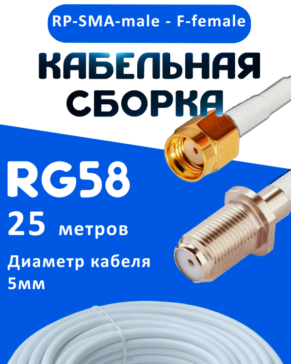 Кабельная сборка 50 Ом на RG-58 белого цвета с разъемами RP-SMA-male - F-female, 25 метров