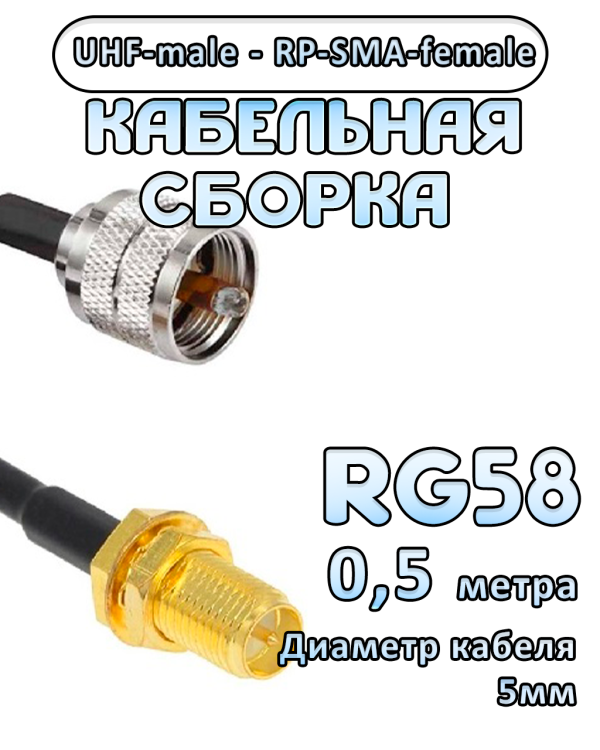 Кабельная сборка 50 Ом на RG-58 с разъемами UHF-male - RP-SMA-female, 0,5 метра