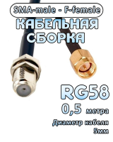 Кабельная сборка 50 Ом на RG-58 с разъемами SMA-male - F-female, 0,5 метра