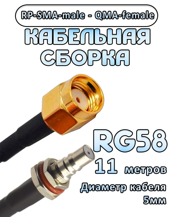 Кабельная сборка 50 Ом на RG-58 с разъемами RP-SMA-male - QMA-female, 11 метров
