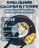 Кабельная сборка на RG-58 в гофре с разъемами UHF-male - RP-SMA-female, 10 метров