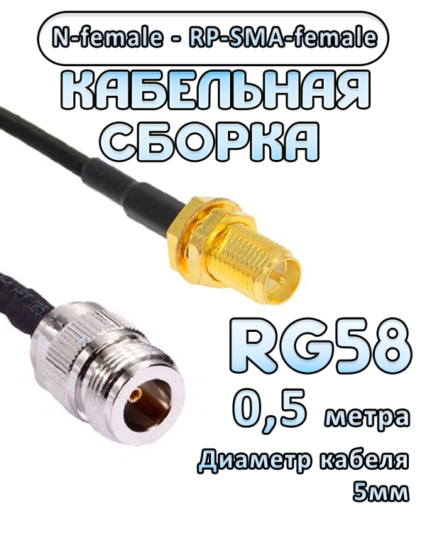 Кабельная сборка 50 Ом на RG-58 с разъемами N-female - RP-SMA-female, 0,5 метра