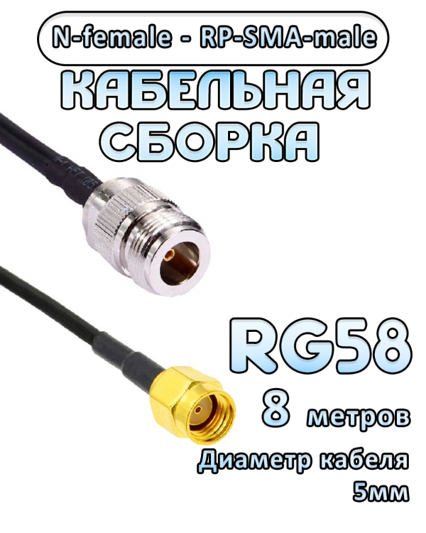 Кабельная сборка 50 Ом на RG-58 с разъемами RP-SMA-male - N-female, 8 метров