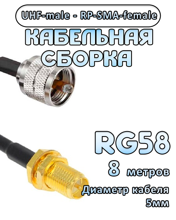 Кабельная сборка 50 Ом на RG-58 с разъемами UHF-male - RP-SMA-female, 8 метров